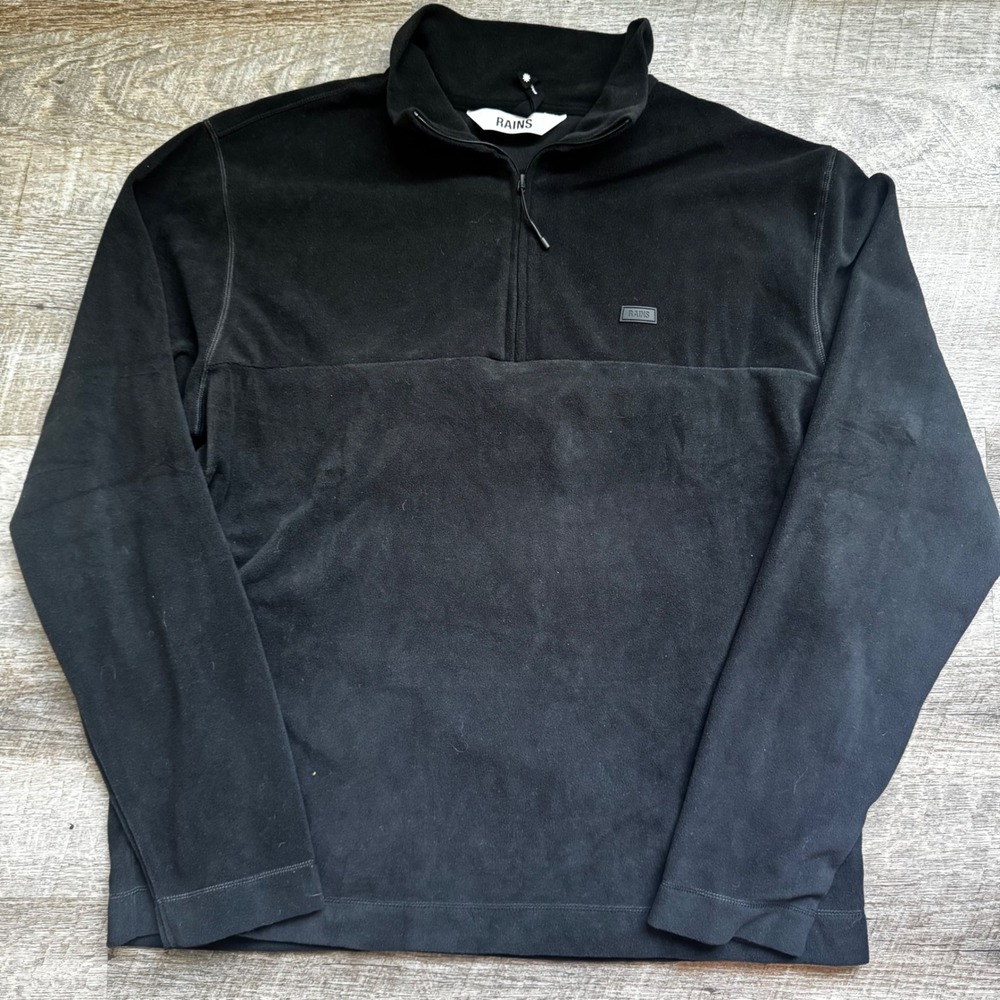 RAINS Quarter Zip Fleece Pullover Sweater Size L Regular Black Logo Patch